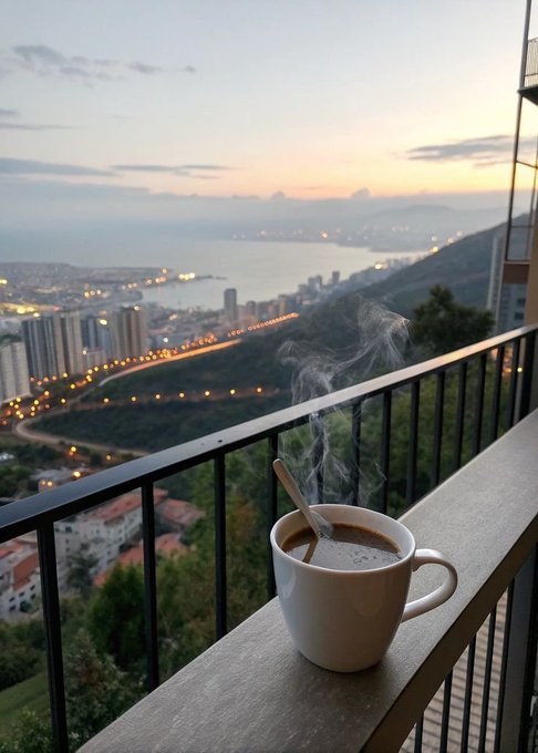 A steaming cup of black coffee on a balcony railing, overlooking a coastal city at dusk with mountains and lit-up highways in the background.