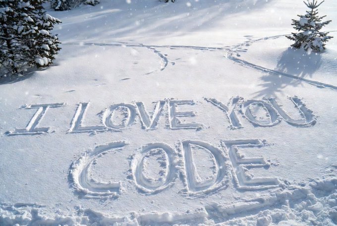 The image features a snow-covered field with the words "I love you" written in white chalk or graffiti in the center of the scene. The text is surrounded by footprints, indicating that someone has been there recently. The background includes trees and bushes, adding to the wintery atmosphere. The post seems to be related to cryptocurrency, as it mentions a true Twitter user named @codeXBT who has been sharing their knowledge about Bitcoin and other cryptocurrencies with others for years.
