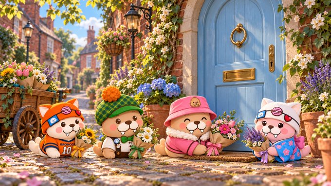 A whimsical illustration of four adorable animal characters — including cats and dogs wearing hats and accessories — sitting on a cobblestone street in front of a charming cottage with a blue door and abundant flowers.