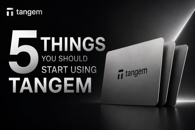 A promotional banner with the text '5 THINGS YOU SHOULD START USING TANGEM' next to an image of two stacked Tangem product cards on a dark background.