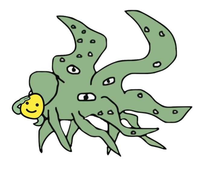 A cartoon illustration of a green octopus-like creature with multiple eyes holding a small yellow smiley-face ball against a white background.