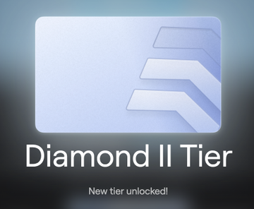 A minimalist silver/blue emblem with the text 'Diamond II Tier' and 'New tier unlocked!' below it, set against a dark gradient background.