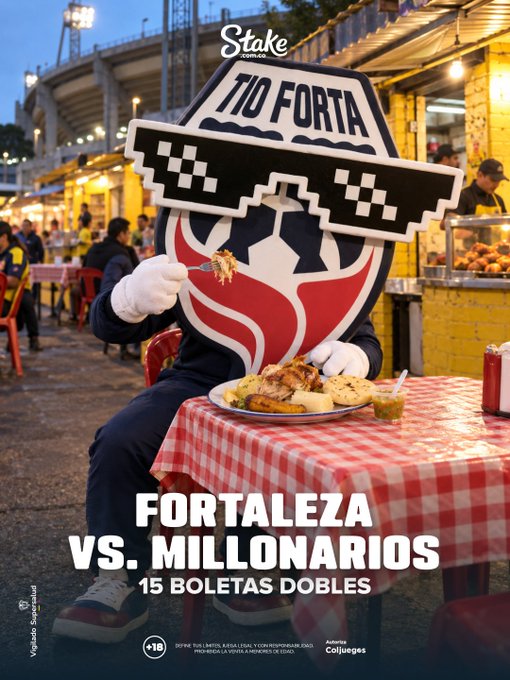 A Stake.com promotional image featuring a person wearing a pixelated sunglasses mask sitting at a red-checkered table with food, advertising 'FORTALEZA VS. MILLONARIOS - 15 BOLETAS DOBLES' at a stadium.