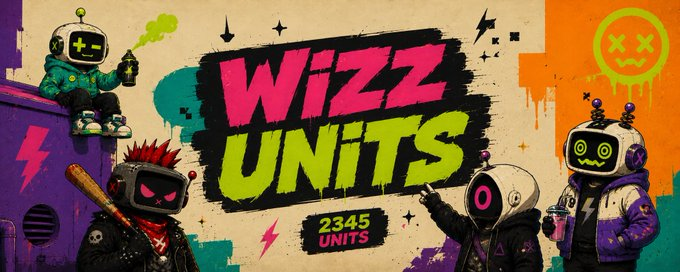 The vibrant, graffiti-style banner features four stylized robot/cyborg characters surrounding bold text that reads "WIZZ UNITS" with "2345 UNITS" displayed below, promoting the Wizz NFT project. The post highlights that the official Wizz website can be used to apply for a whitelist (WL), though it notes that NFT minting incurs fees.