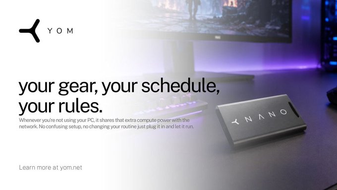 A sleek YOM NANO device sits on a desk beside a glowing keyboard and monitor, illustrating the "plug it in and let it run" concept that lets users share their PC's idle power without disrupting their routine.