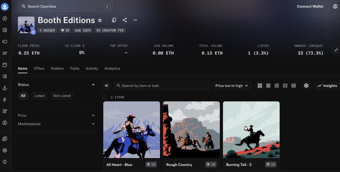 An OpenSea NFT collection page titled 'Booth Editions' showing 3 unique items with a floor price of 0.25 ETH, featuring artwork titled 'All Heart - Blue', 'Rough Country', and 'Burning Tail - 2'.