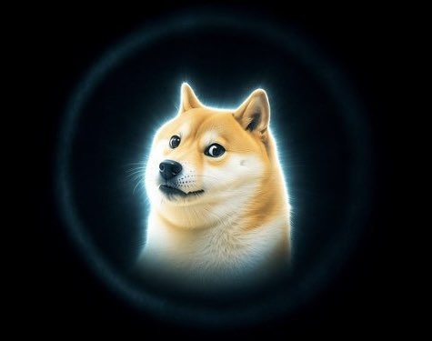 A digital portrait of a Shiba Inu dog with a surprised expression, illuminated by a glowing light against a black background.