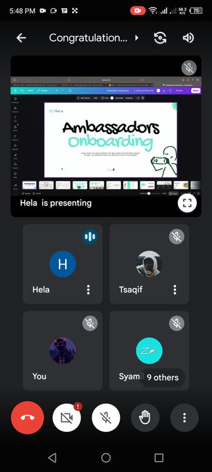 A screenshot of a video call interface showing a presentation titled 'Ambassadors onboarding' being shared by 'Hela', with other participants muted.
