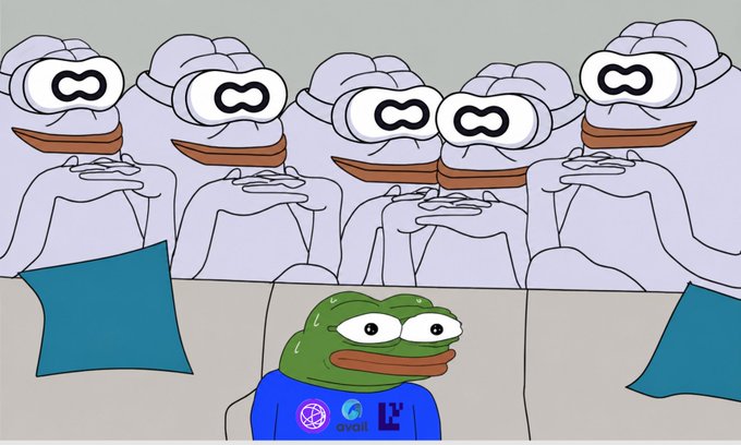 The image features a cartoon frog sitting next to a group of people, with one person wearing a blue shirt and another wearing a purple shirt. The frog appears to be looking at the camera while the other characters are engaged in conversation or observing something outside the frame. The caption for this image reads "Focus on what is in the image and how it relates to the post".