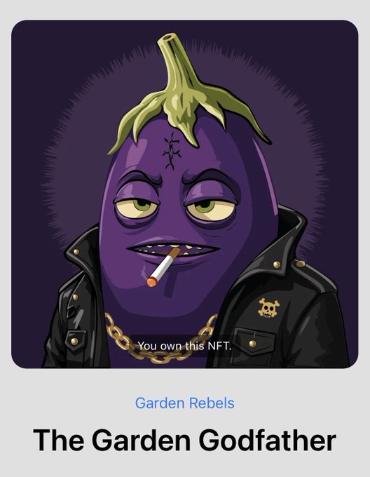An NFT image from the 'Garden Rebels' collection titled 'The Garden Godfather' showing a purple eggplant character smoking a cigarette and wearing a black leather jacket with a gold chain.