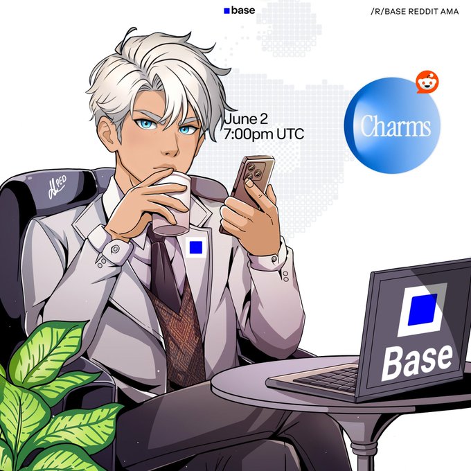 The image features a man sitting at a table, holding a cell phone and looking at it while wearing a suit and tie. The background of the image shows a laptop computer with the text "base" written on it. The caption for this image is "Founder AMA in @base Reddit Ama".