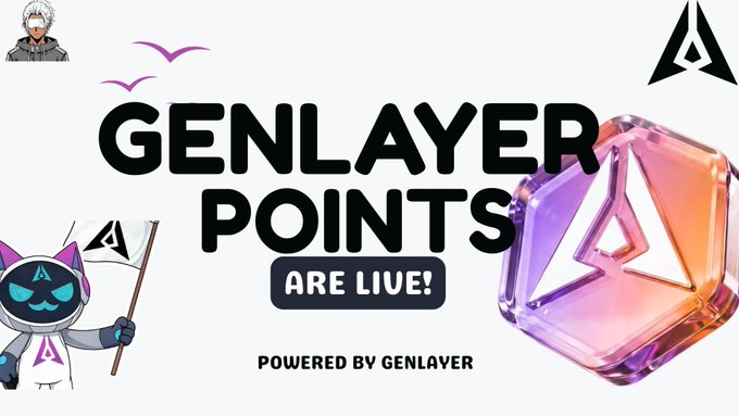 Promotional graphic announcing 'GENLAYER POINTS ARE LIVE! POWERED BY GENLAYER,' featuring a mascot with an 'A' flag and a glowing crystalline token with the GenLayer logo.
