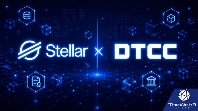 A promotional graphic featuring the Stellar and DTCC logos side-by-side with an "x" between them, set against a blue digital background with blockchain-themed icons and a world map. The image visually reinforces the announcement that the DTCC selected Stellar ($XLM) as the first distributed ledger technology partner for tokenization initiatives.