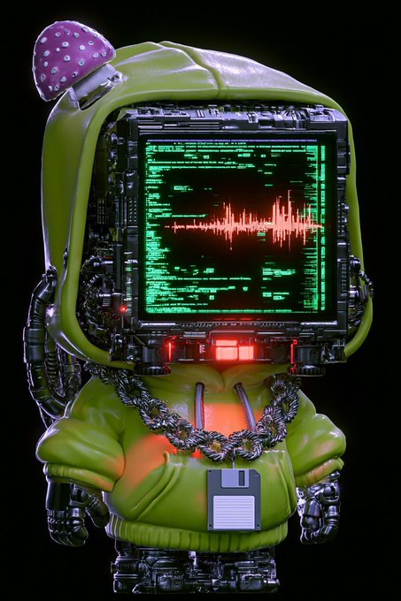 A 3D render of a small figure in a green hoodie with a monitor for a head displaying green code and a red audio waveform, adorned with a chain and a mushroom accessory.