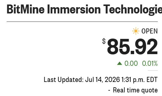 A real-time stock quote for BitMine Immersion Technologies showing the price at $85.92 (up 0.01% / $0.00) as of July 14, 2026, 1:31 p.m. EDT, with the market open. The image visually supports the post's mention of the ticker $BMNP, likely confirming the associated share price alongside the company's perpetual preferred stock.