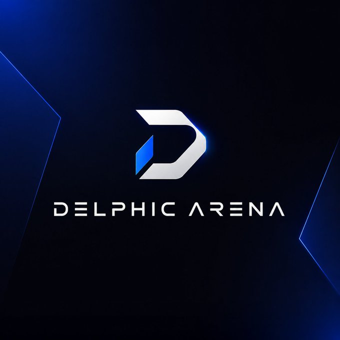A stylized metallic "D" logo with blue accents sits centered above the text "DELPHIC ARENA" against a dark, futuristic background with blue geometric accents, reinforcing the brand's identity as a sleek, tech-forward infrastructure platform for autonomous AI agents.