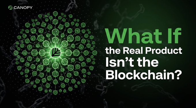 A dark green promotional graphic from Canopy featuring a circular array of leaf-shaped blockchain icons on the left and the bold white text "What If the Real Product Isn't the Blockchain?" on the right, visually reinforcing the post's argument that operational and infrastructure challenges—not the blockchain itself—are the true product challenges slowing Web3 development.