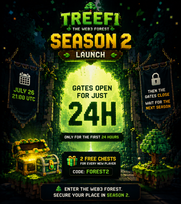 A pixel-art promotional graphic for "TREEFI: The Web3 Forest" Season 2 Launch, featuring a glowing forest portal with banners displaying "July 26, 21:00 UTC" and a countdown of "24H" while the gates are open, along with a promo code "FOREST2" offering 2 free chests for new players. The image directly illustrates the post's announcement of the 24-hour launch window for new pioneers to enter the Web3 Forest.