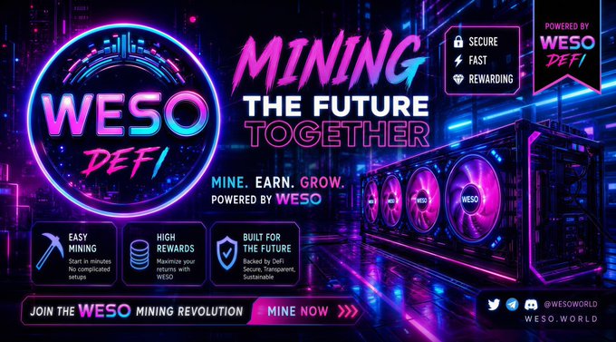 A poster for a mining company called "WESO" is displayed, featuring a cityscape of neon lights and a neon sign that reads "mine, earn, grow". The poster also features an advertisement promoting a new cryptocurrency called "LUNC", which is associated with WESO. The text on the poster encourages users to mine using their mobile devices or browsers, emphasizing the convenience and efficiency offered by WESO. The presence of a social media account for the company further solidifies the connection between the poster's content and its promotion of cryptocurrency mining solutions.