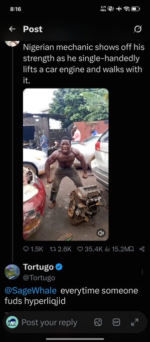 A screenshot of an X (Twitter) post showing a muscular Nigerian mechanic lifting a car engine, with the caption 'Nigerian mechanic shows off his strength as he single-handedly lifts a car engine and walks with it,' posted by user @SageWhale with 35.4K likes and a reply from @Tortugo reading 'everytime someone fuds hyperliqid'.