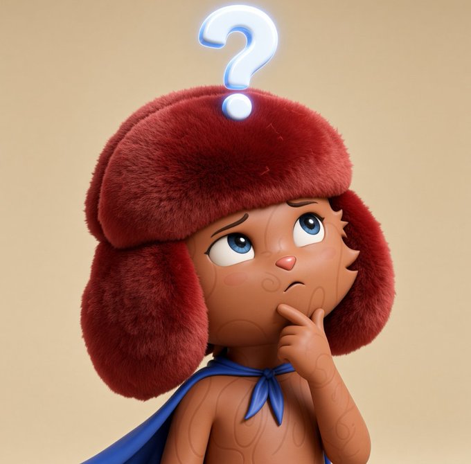 A 3D rendered cartoon character wearing a red furry hat and blue scarf, with a glowing white question mark above their head, appearing puzzled with their finger on their chin.