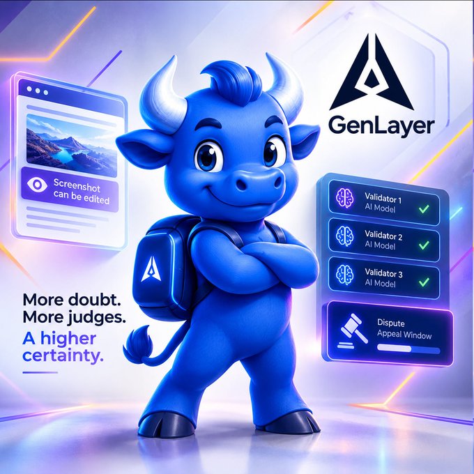 A blue cartoon bull mascot wearing a backpack stands between a window showing "Screenshot can be edited" and a panel of three AI validators, illustrating GenLayer's system of using multiple AI judge models and a "Dispute Appeal Window" to verify screenshot-based proof of payment. The tagline reads "More doubt. More judges. A higher certainty," reinforcing the post's point that trust emerges not from the evidence itself but from layered human-like judgment when stakes are high.