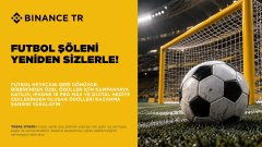A Binance TR promotional graphic for the "Futbol Şöleni Yeni Sizlerle!" (Football Festival) contest, featuring a soccer ball at a goalpost with text inviting users to score goals in the app for a chance to win prizes worth up to 100,000 Turkish lira in TRY vouchers, with contest dates listed below.