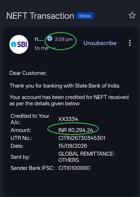 The image shows an SBI (State Bank of India) email confirming an NEFT transaction, with a highlighted amount of INR 80,294.24 credited to account XX3334 on 15/09/2026 via a "Global Remittance-Others" sender. This illustrates the X (Twitter) creator payout mentioned in the post, where the user has received their final earnings and is seeking investment advice for the funds.