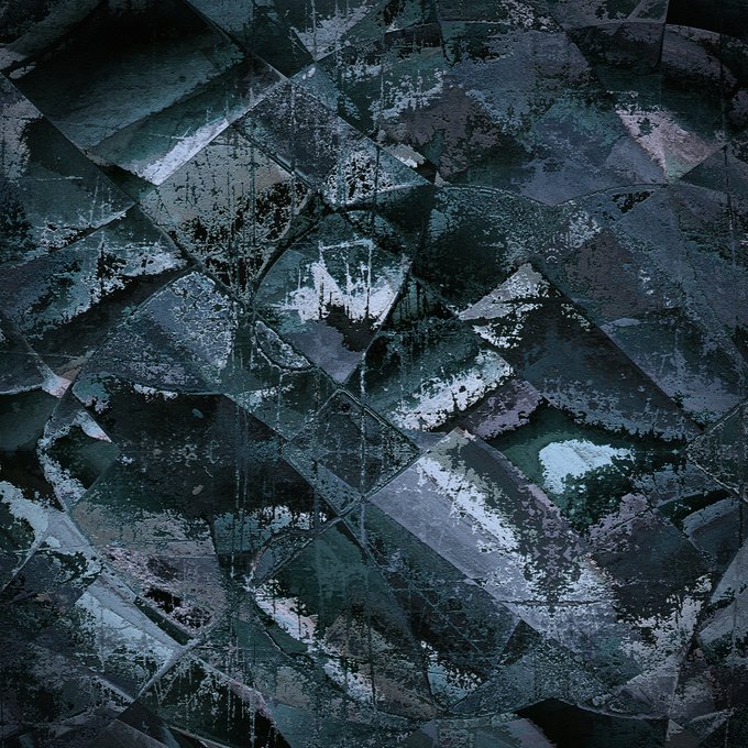 An abstract, textured artwork or photograph with dark teal, black, and white geometric patterns resembling distressed glass or painted surfaces.