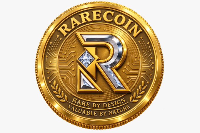 A gold "Rarecoin" emblem features a stylized "R" monogram accented with diamond inlays, encircled by the inscriptions "RARE BY DESIGN" and "VALUABLE BY NATURE," visually reinforcing the post's message about the $Rare token's identity as a scarce, valuable brand. The coin's premium design mirrors the jeet's appeal of rarity and exclusivity driving toward a perpetual ATH.