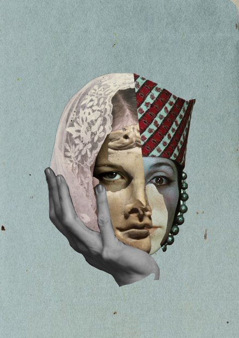 A surreal collage art piece featuring a fragmented face combining multiple elements: a hand cradling it, lace fabric, and a striped headdress against a blue background.