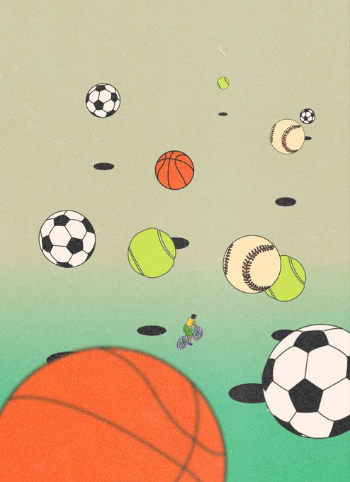 A whimsical illustration showing a tiny figure on a bicycle surrounded by various floating sports balls (soccer balls, basketballs, tennis balls, and baseballs) against a green gradient background.