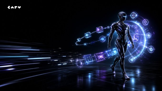 A metallic humanoid figure strides forward through a dark digital environment, surrounded by glowing neon-blue chains and floating data cubes, with the "CAPV" logo in the upper left corner. The image visually represents an AI agent traversing the blockchain economy, symbolizing the onchain memory and reputation infrastructure needed to give agents continuity beyond a single transaction.
