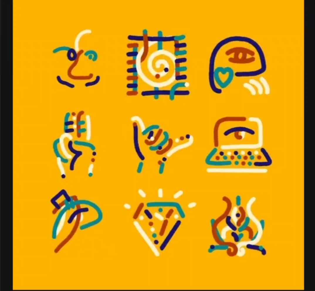 The image features a collection of nine different symbols, including a hand holding a computer mouse, a heart, a diamond, a laptop, a keyboard, a book, a person's face with eyes closed, and a smiley face. The symbols are arranged in a grid format on an orange background, creating a visually appealing and organized layout that highlights the variety of elements within the image.