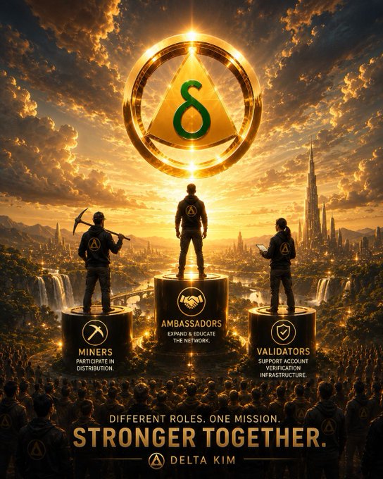 Cinematic promotional poster titled 'STRONGER TOGETHER.' for DELTA KIM, showing three silhouetted figures on pedestals labeled MINERS, AMBASSADORS, and VALIDATORS, with a glowing triangular symbol overhead.