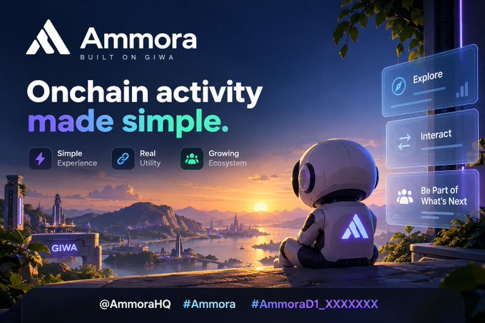 Promotional graphic for 'Ammora' featuring a robot overlooking a futuristic coastal city at sunset, with the tagline 'Onchain activity made simple,' features like Simple Experience, Real Utility, and Growing Ecosystem, and social handle '@AmmoraHQ'.