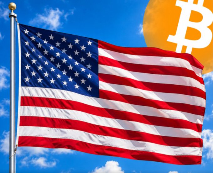 An American flag waves against a blue sky beside a Bitcoin logo (₿), symbolizing the intersection of U.S. values and the cryptocurrency movement being celebrated on Labor Day. The imagery reinforces the post's themes of freedom, building, and "stacking" in honor of those contributing to both the nation's workforce and the decentralized future.