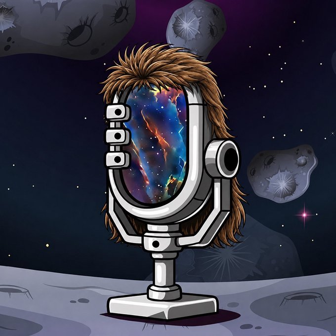 A whimsical cartoon microphone with wild shaggy hair and a cosmic galaxy for its face, standing on a lunar surface surrounded by starry space and asteroids. The "Dope" caption matches the image's surreal, trippy vibe that blends sci-fi aesthetics with a playful, headbanging vibe.