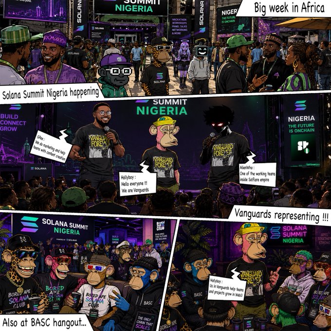 A comic-style illustration titled 'Big week in Africa' depicting the Solana Summit Nigeria event, showing animated ape-like characters, attendees wearing Solana merchandise, and characters named Hollyboy, AllenWho, and KellyRoy promoting the event at the BASC hangout.