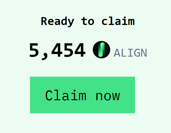 A notification screen showing "Ready to claim" 5,454 ALIGN coins with a green "Claim now" button, illustrating the airdrop rewards available at airdrop.alignedlayer.com for eligible participants.