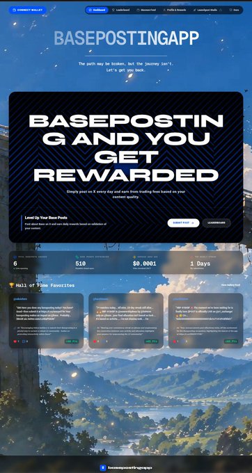 A promotional screenshot of the BasePostingApp website displays the headline "BASEPOSTINGAPP" and a banner reading "BASEPOSTING AND YOU GET REWARDED," alongside user stats showing 510 TOTAL POSTS, $0.0001 AVERAGE EARNINGS PER POST, and a "6" community count. The interface complements the creator update by visually introducing the app's new reward system, where users can now earn points through likes and comments on submitted posts.