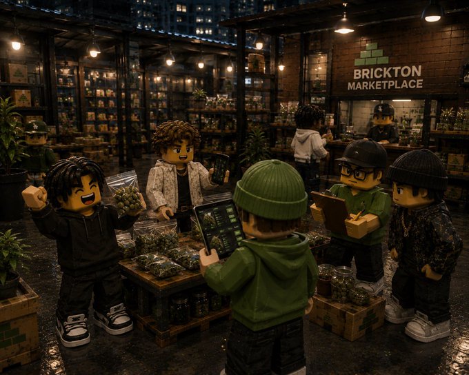 A group of LEGO minifigure characters gather inside "Brickton Marketplace," with one in a black hoodie cheering while holding a bag of product and another examining a tablet displaying a chart, capturing the playful buy-and-sell energy behind the "$BRICK" economy meme.