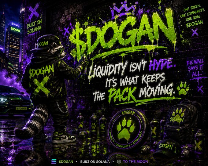 A promotional graphic for the cryptocurrency '$DOGAN' features a raccoon in streetwear spray-painting a wall, with the slogans 'LIQUIDITY ISN'T HYPE, IT'S WHAT KEEPS THE PACK MOVING' and 'BUILT ON SOLANA'.
