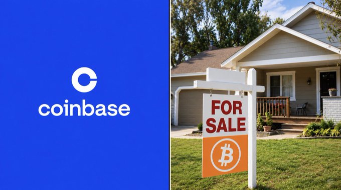 A split image showing the Coinbase logo on a blue background on the left and a suburban home with a "FOR SALE" sign featuring the Bitcoin logo on the right, illustrating Coinbase's new program that allows homebuyers to use their Bitcoin as collateral for home loans without having to sell their BTC.