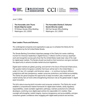 The image shows a letter written by John Thune, the Honorable John Thune Chair of the Senate Banking Committee, addressed to the Honorable Leader Thune and the Honorable Leader Schuster. The letter discusses the need for clarity on the CLARITY Act in the Senate.