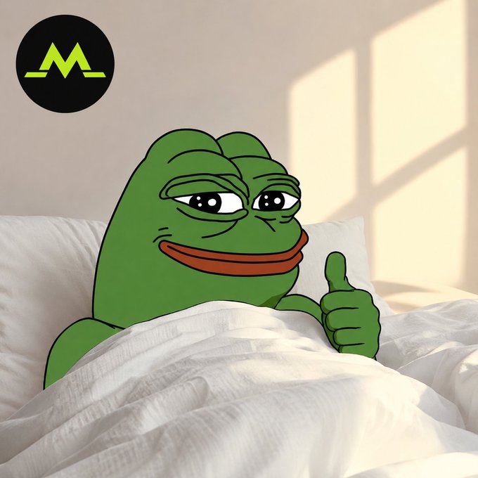 A Pepe the Frog cartoon character lies in bed under white covers, giving a sleepy thumbs-up with half-closed eyes, paired with the #GM caption about resting before making a move. A green "M" logo (likely representing Monero or a similar ticker) appears in the top-left corner.