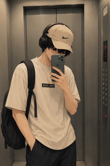 An anime-style illustration of a person in a white t-shirt and Nike cap taking a mirror selfie in an elevator, with 'SELF CARE' printed on the shirt.