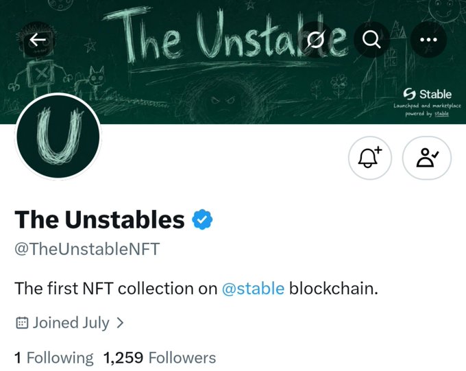 A Twitter/X profile page for 'The Unstables' (@TheUnstableNFT), described as 'The first NFT collection on @stable blockchain,' with 1,259 followers.