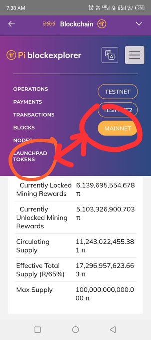 A screenshot of the Pi blockexplorer app showing the MAINNET button highlighted with hand-drawn orange arrows, displaying statistics like 6,139,695,554.678 π currently locked in mining rewards and a max supply of 100 billion π.
