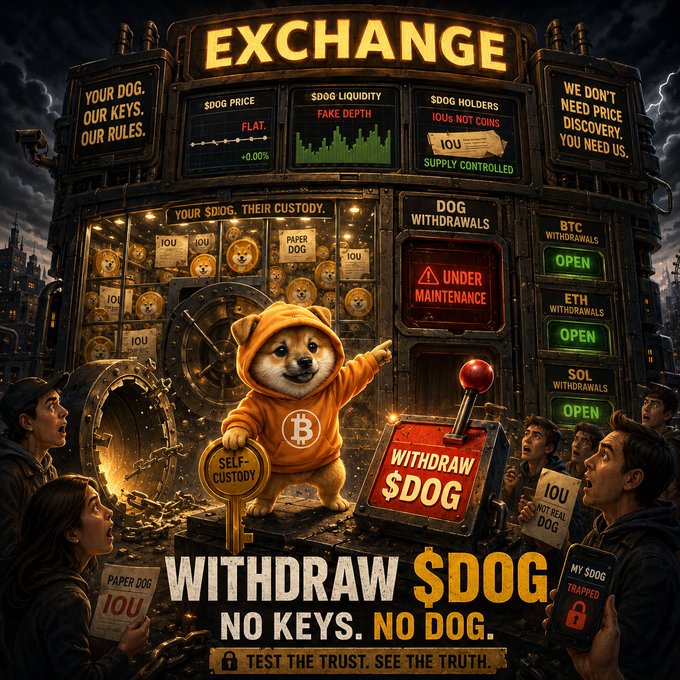 The image depicts a Bitcoin-themed Shiba Inu mascot in an orange hoodie pulling a "WITHDRAW $DOG" lever at a dystopian exchange labeled "EXCHANGE," where displays show "FLAT" price, "FAKE DEPTH" liquidity, and "IOUs NOT COINS," while signs warn "YOUR DOG. OUR KEYS. OUR RULES" and "DOG WITHDRAWALS UNDER MAINTENANCE" alongside green "OPEN" BTC, ETH, and SOL withdrawal buttons, with crowds holding signs reading "IOU" and "PAPER DOG." It visually reinforces the post's warning that leaving $DOG on exchanges means handing over your keys—prominently displaying the slogan "NO KEYS. NO DOG." to urge self-custody.